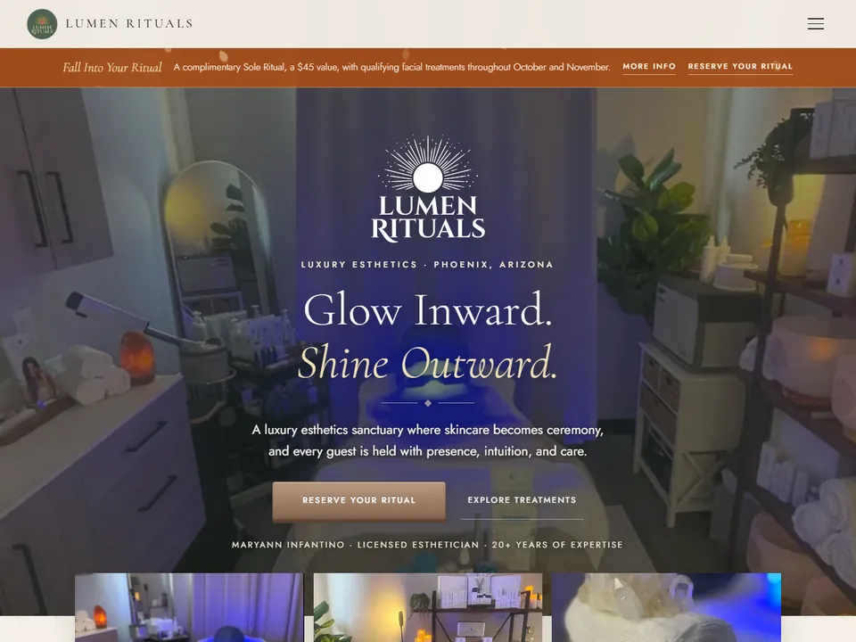 Lumen Rituals homepage: the studio sanctuary and treatment menu