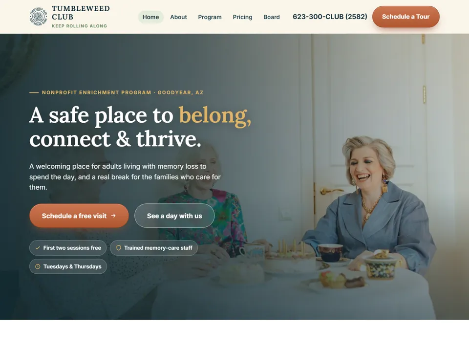 Tumbleweed Club homepage: a safe place to belong, connect and thrive